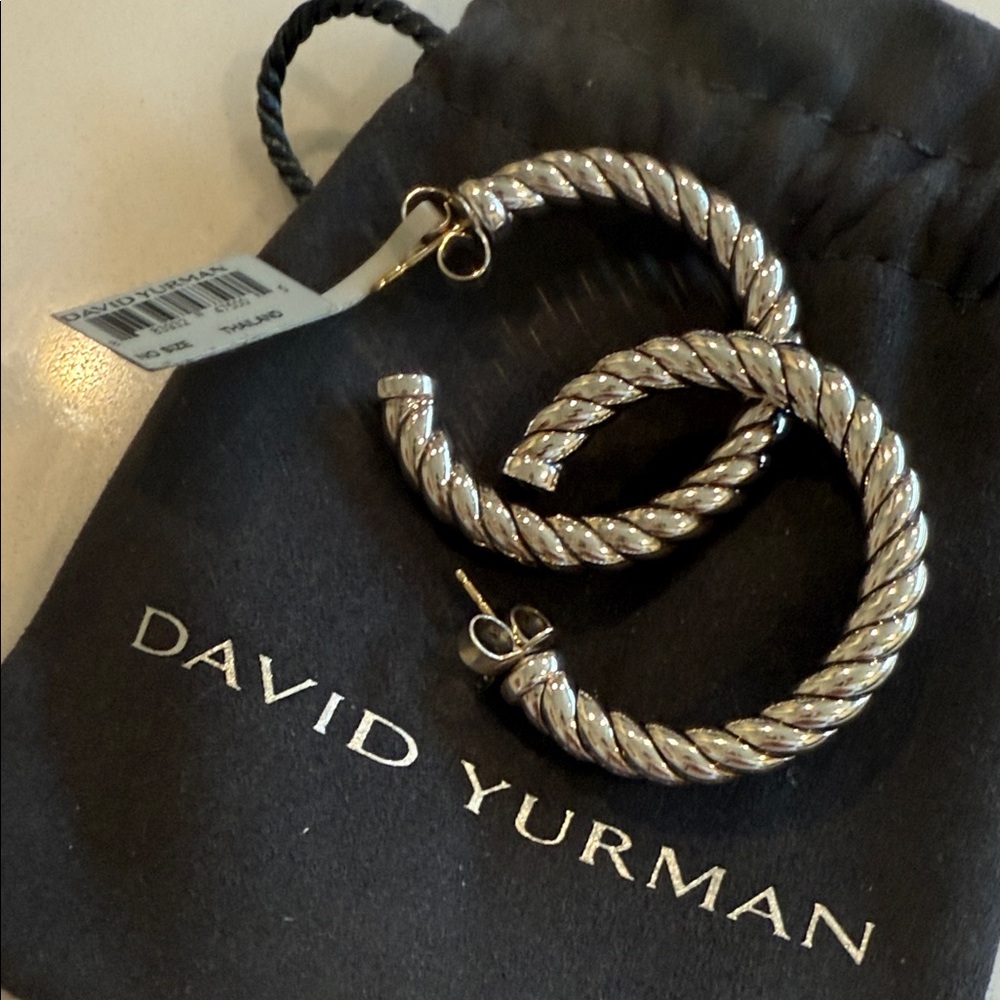 David Yurman Silver and Gold Twisted Hoop Earrings